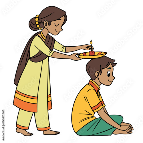 A woman performs a ritual aarti ceremony with a lit diya on a plate over a young boy s head