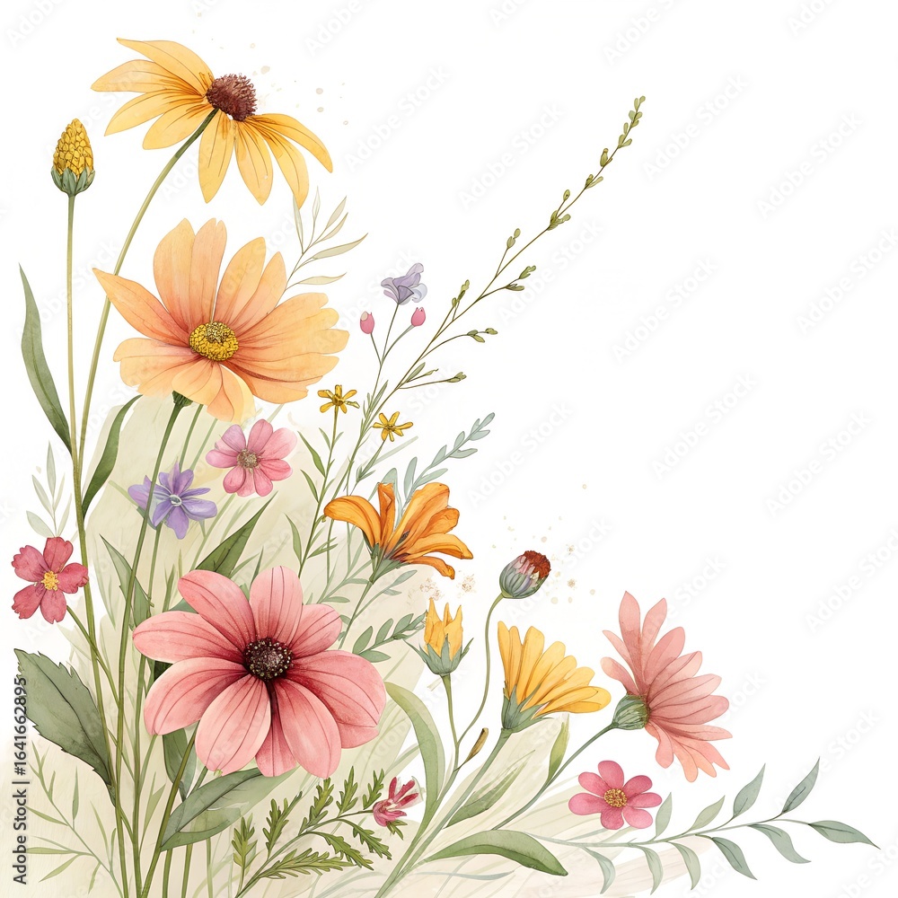 Obraz premium Watercolor Botanical Corner with Mixed Wildflowers in Bloom