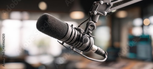 The microphone perched elegantly on a professional recording stand in a modern studio