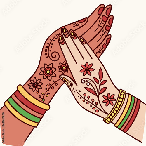 Beautifully decorated hands with intricate henna mehndi designs and colorful bangles symbolizing celebration and tradition