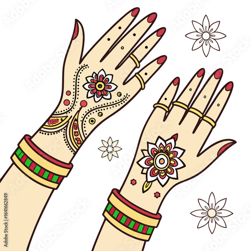 Beautifully decorated hands with intricate henna mehndi designs and traditional bangles