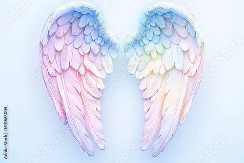 Pastel rainbow angel wings on blue background