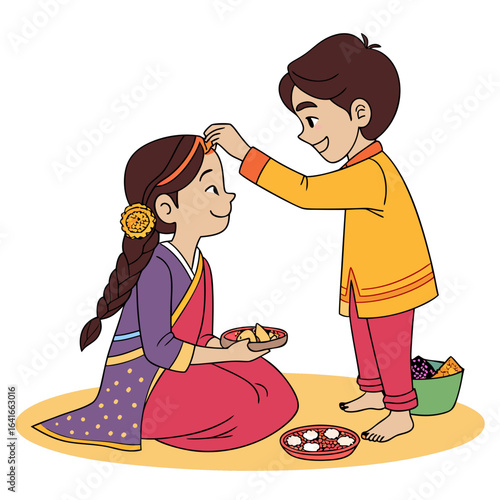 Brother applies tilak to sister s forehead during a traditional indian festival celebration with sweets