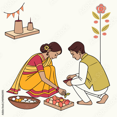 Couple in traditional indian attire preparing for a religious ceremony with fruits and offerings