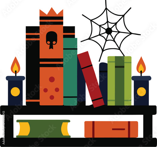 Spooky Bookshelf with Old Books Candles and Cobwebs Illustration