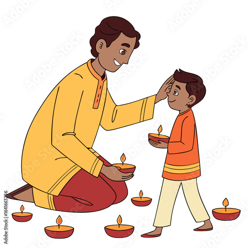 Father applying tilak to son s forehead surrounded by diyas during diwali celebration
