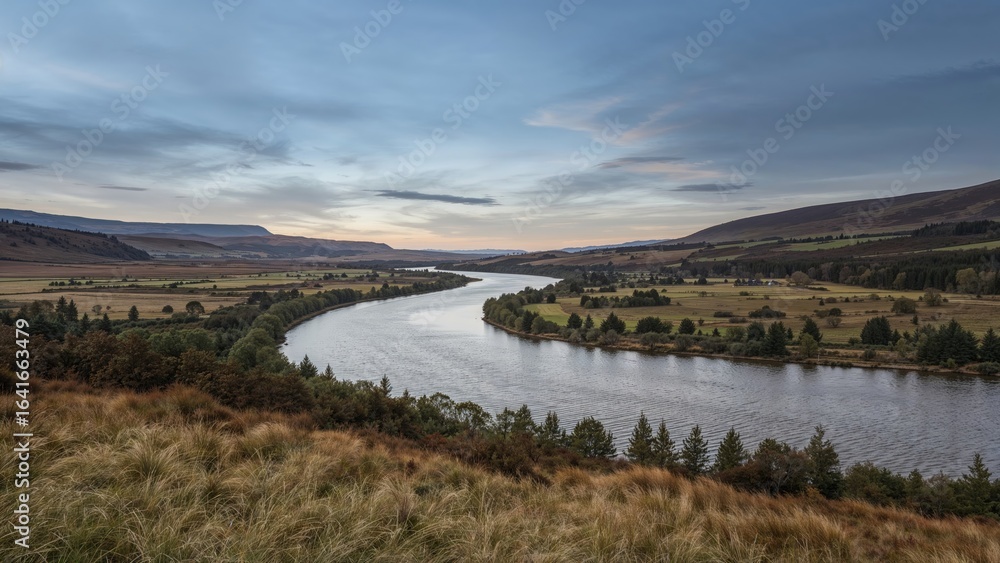 Wide river stretching through green terrain beneath clear sky Wide river stretching through green terrain beneath clear sky