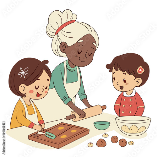 Grandmother and two grandchildren happily baking cookies together in the kitchen