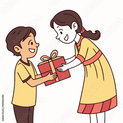Happy boy gives a red gift box with a ribbon to a smiling girl in a yellow dress