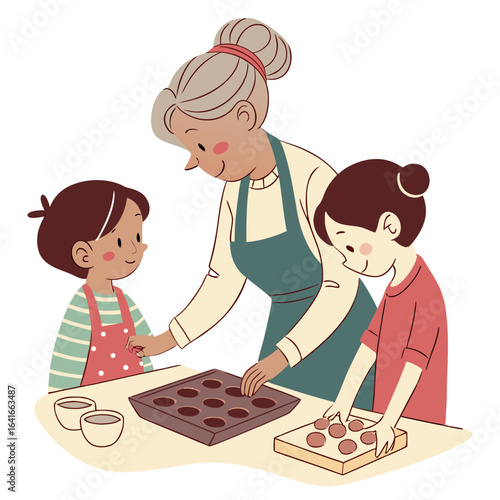 Grandmother and two children happily baking cookies together in the kitchen wearing aprons