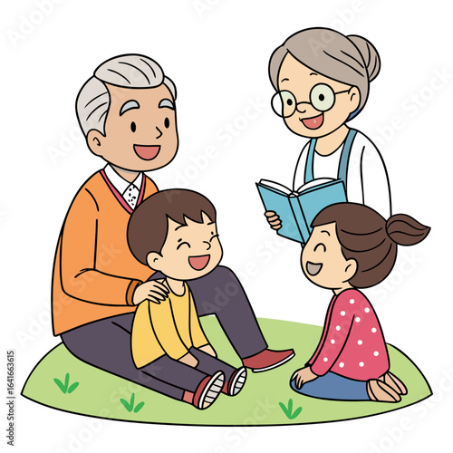 Happy grandparents reading a book to their grandchildren outdoors in the grass