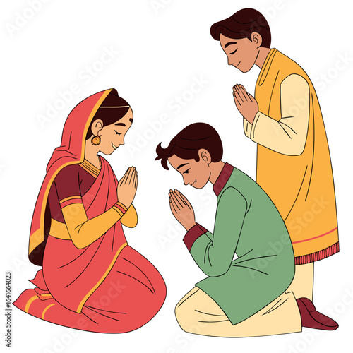 Indian family in traditional clothing offering respectful greetings with namaste gesture
