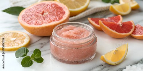 Pink grapefruit lip scrub in clear glass jar on white marble surface for elegant skincare flat lay design
