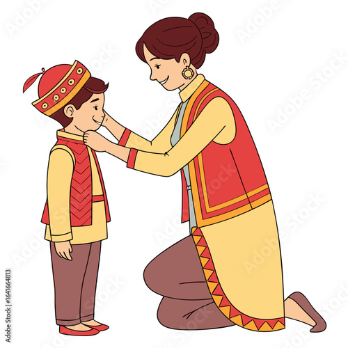 Mother helping her son get dressed in traditional clothing for a cultural event or celebration