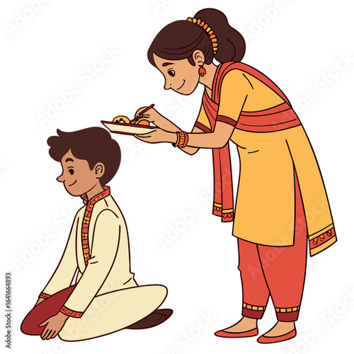 Sister applying tilak on brother s forehead during indian festival celebration with traditional attire