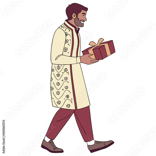 Smiling indian man in traditional attire walking with a gift box for a celebration or event