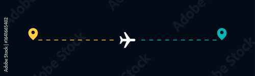 Flight route vector illustration. Airplane on dashed line on path to destination. Flight tracking interface. 