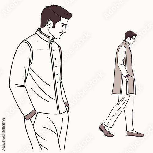Two stylish men in traditional indian attire one standing with hands in pockets and the other walking