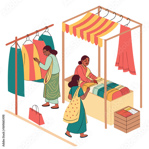 Two women browsing and shopping for colorful textiles at an outdoor market stall