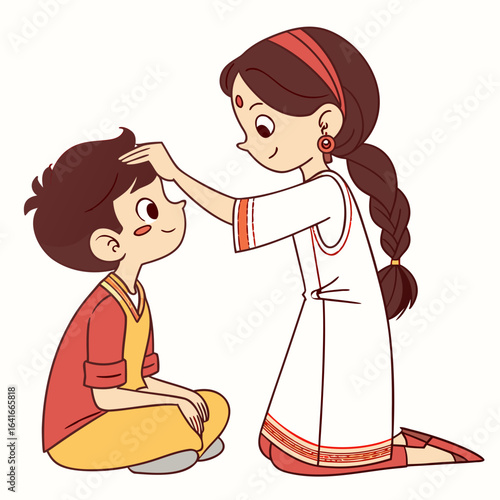 Young indian sister affectionately places blessing on her younger brother s forehead in traditional attire