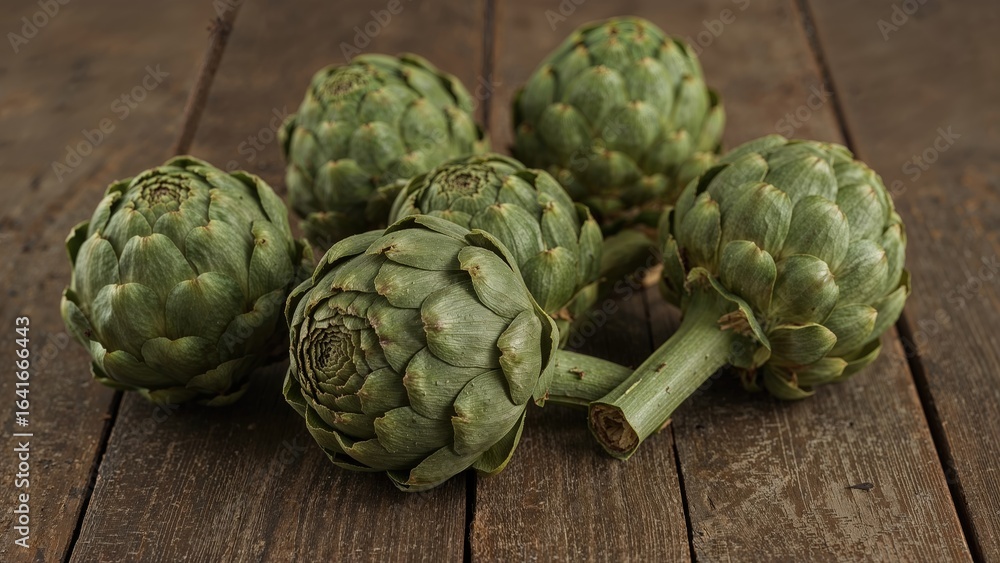 Obraz premium Recently picked artichokes lying on a vintage wooden surface, highlighting the farm-to-table ethos.