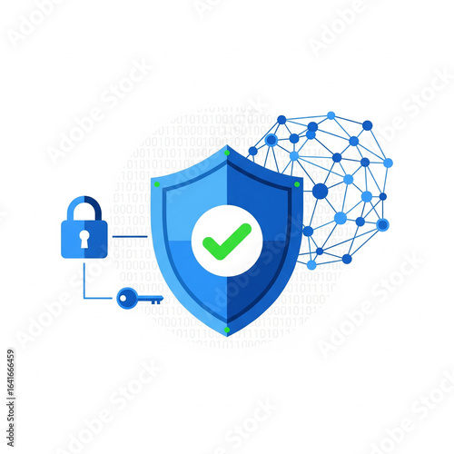 Flat vector illustration d'un concept de cybersécurité avec un bouclier, un réseau, un cadenas et du code binaire, isolé sur un fond blanc.