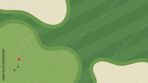 Golf course illustration. Flat style vector illustration of golf course with bunkers, putting green and flag. Golf course illustration for golfing poster, landing page, web banner.