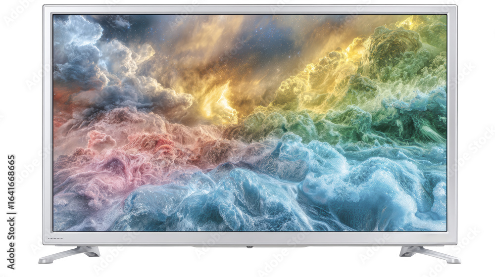Naklejka premium Modern television displaying a vivid, colorful digital artwork of dynamic, swirling clouds and ocean waves, blending realism with fantasy.