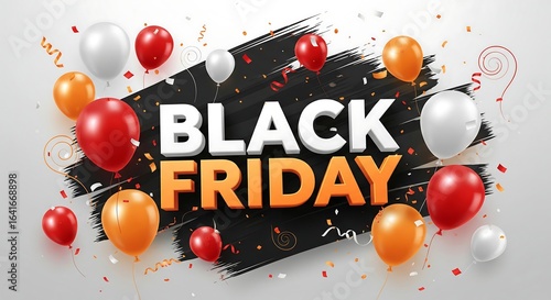 Festive black friday sale promotion with balloons and confetti on a brushstroke background