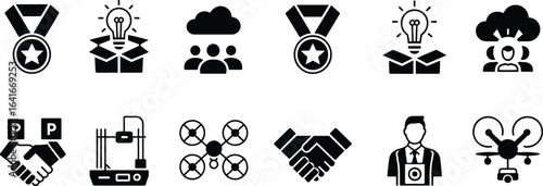 Business and innovation vector icon set featuring teamwork, creativity, partnership, technology, and success for corporate and startup projects