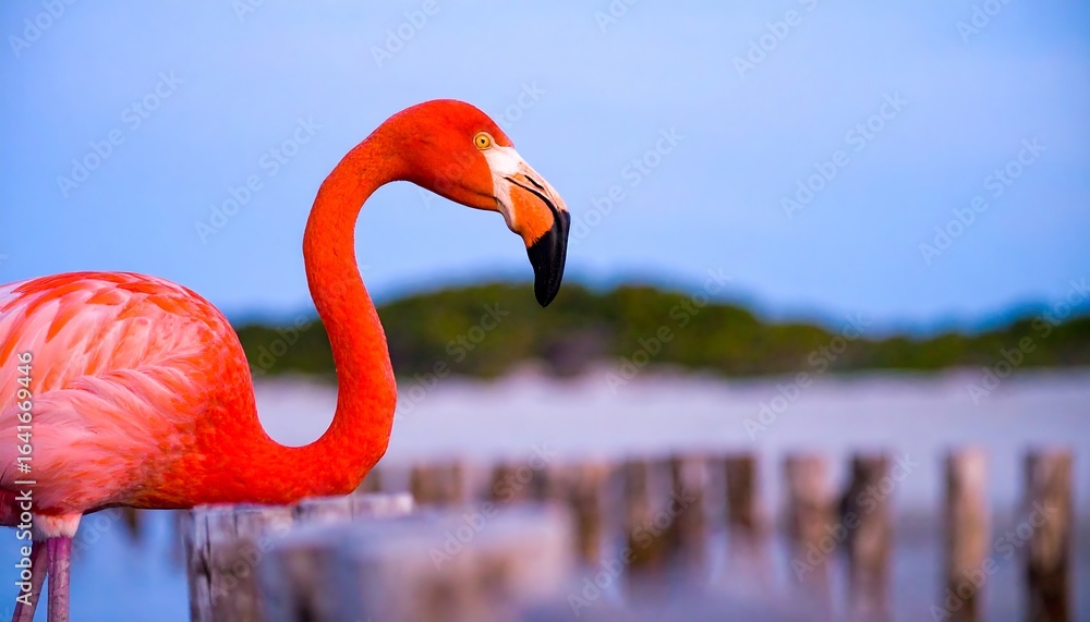 Fototapeta premium A vibrant pink flamingo rests on weathered wooden posts, a blurred beach and sky in the background