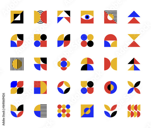 Abstract geometric shapes. Large set of geometric shapes in bauhaus art style. Retro style abstract shapes vector illustration collection.