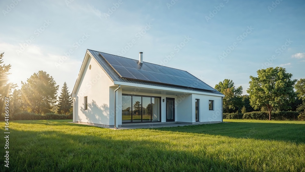 Obraz premium State-of-the-art energy-efficient home with integrated solar panel installation
