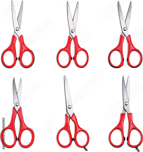 Red-Handled Scissors Illustration Set – Six Identical Pairs with Silver Blades in Various Open and Closed Positions for Craft, School, and Office Design Projects