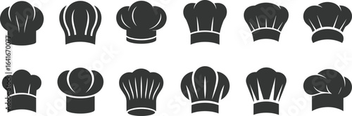 Chef, hat, toque, cooking, baker, restaurant, professional, kitchen, culinary, food, cook, uniform, headwear, apparel, symbol, vector, icons, set, collection, silhouettes