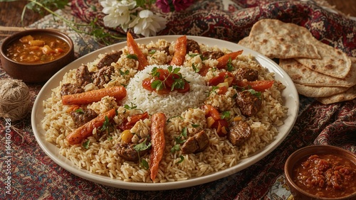 Dish featuring rice and meat