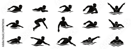 Swimming silhouettes set ,men in different swimming styles and poses.Vector