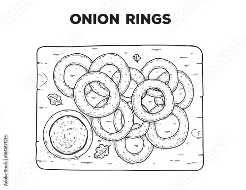 Onion rings sketch. Hand drawn vector illustration. Gastropub, gastrobar, pub food. Detailed design element. Top view.