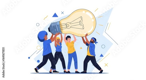 Four diverse individuals collaboratively holding a large light bulb, symbolizing ideas and teamwork.