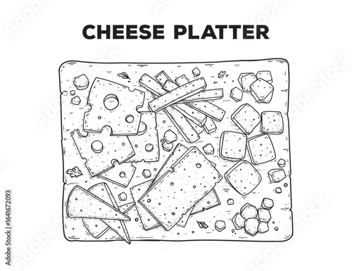 Cheese platter sketch. Hand drawn vector illustration. Gastropub, gastrobar, pub food. Detailed design element. Top view.