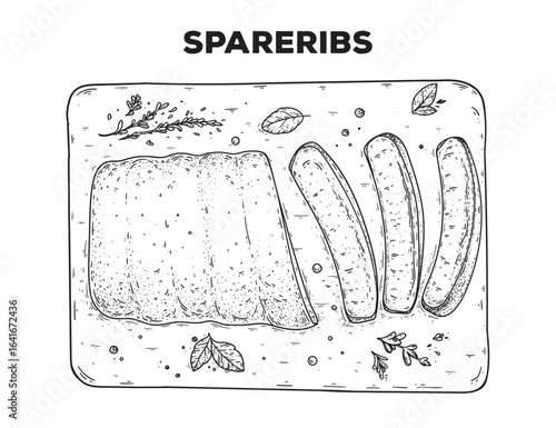 Spareribs sketch. Hand drawn vector illustration. Gastropub, gastrobar, pub food. Detailed design element. Top view.