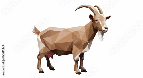 A polygonal illustration of a brown goat with impressive curved horns and a white beard, standing on a white background.