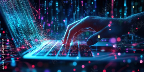 IT Professional Typing on Keyboard with Futuristic Cyberspace Binary Code Design Big hands of