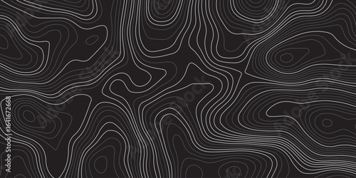 Abstract dark topographic contour map background with smooth flowing lines and modern minimal design. Elegant black pattern ideal for wallpapers, presentations, and graphic design projects.