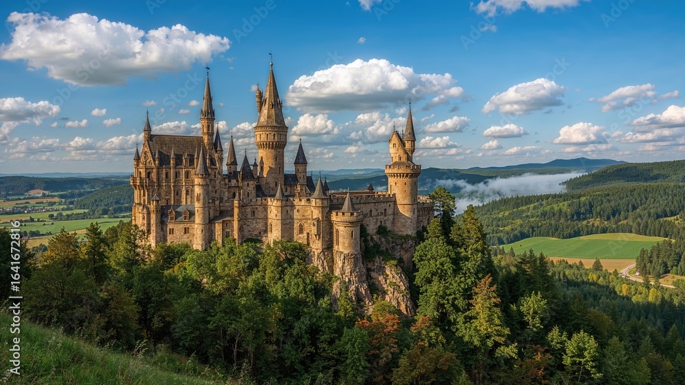 Fototapeta premium Picture of an enchanting storybook fortress adorned with numerous tall spires