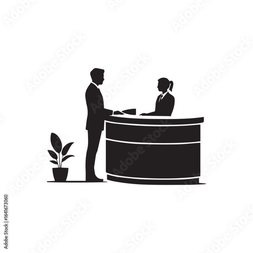 Business reception desk vector silhouette of receptionist talking with client