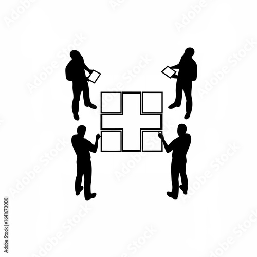 Overhead perspective of startup founders and design team collaborating on a project silhouette isolated on white background