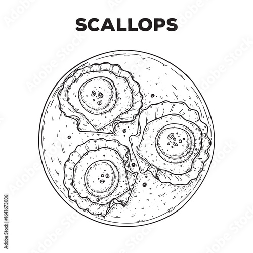 Scallops sketch. Hand drawn vector illustration. Gastropub, gastrobar, pub food. Detailed design element. Top view.