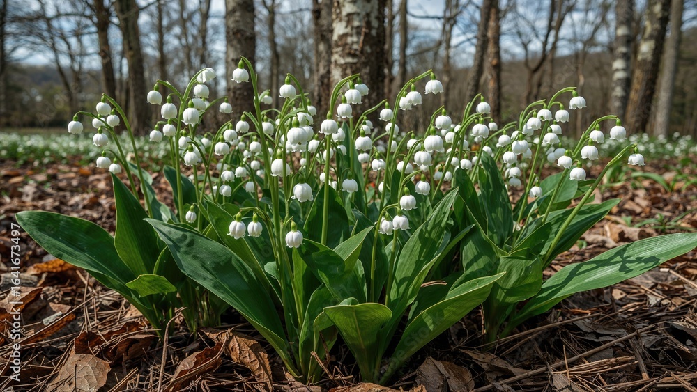 Obraz premium Close-up of white bell-like Convallaria majalis flowers growing amidst crispy oak leaf litter in a natural forest landscape
