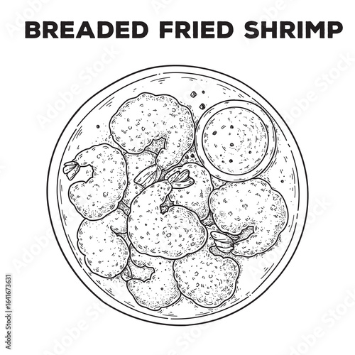 Breaded fried shrimp sketch. Hand drawn vector illustration. Gastropub, gastrobar, pub food. Detailed design element. Top view.